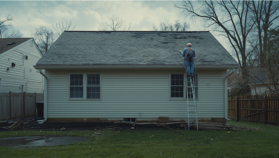 Roofing contractor inspecting storm damage on the roof of a Central New York home after heavy rain and wind, assessing shingles and gutters for insurance documentation.
