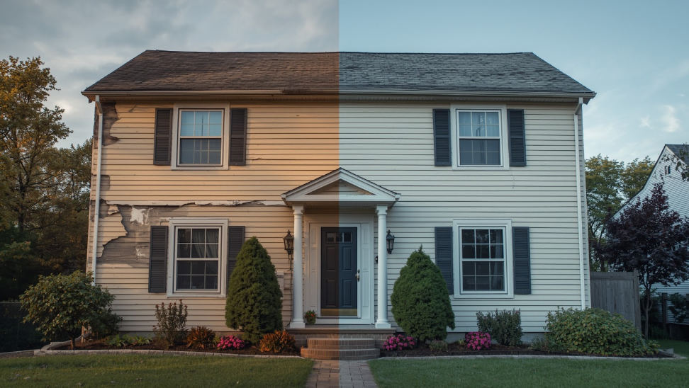 A split-view of a New York home showing old, damaged siding on one side and new, upgraded siding on the other to highlight when it's time for a siding replacement.
