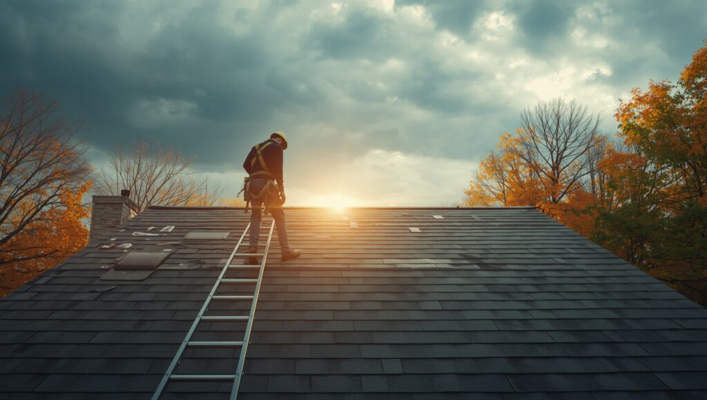 Professional roofer inspecting an asphalt shingle roof on a Central New York home after seasonal weather exposure