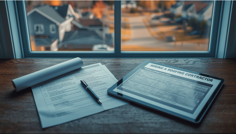 Homeowner reviewing questions to ask before hiring a roofing contractor in Upstate New York using paperwork and a laptop at home