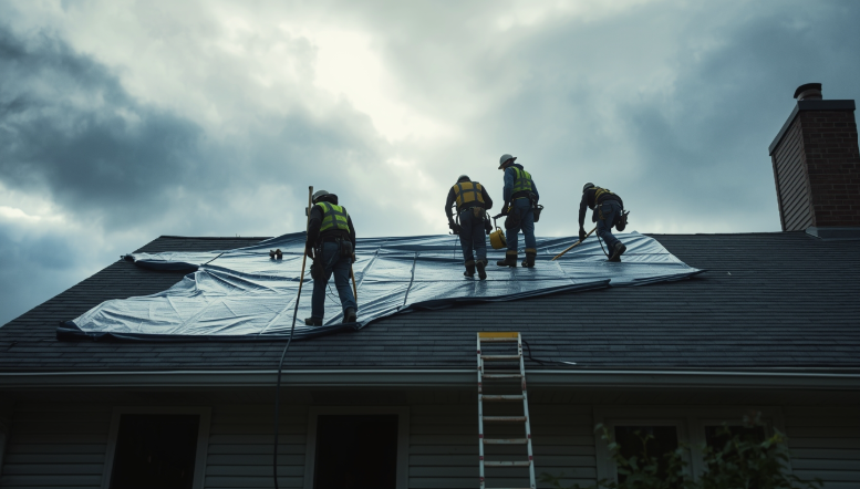 Storm damaged roof with missing shingles showing need for emergency roof repair in Upstate NY