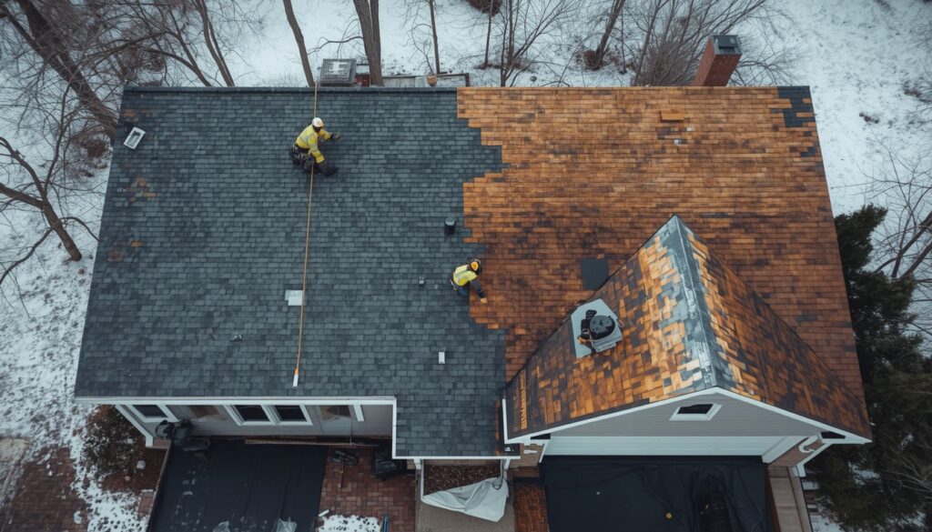 Comparison of flat roof and asphalt shingle roof on Upstate New York homes during winter weather conditions and snow exposure