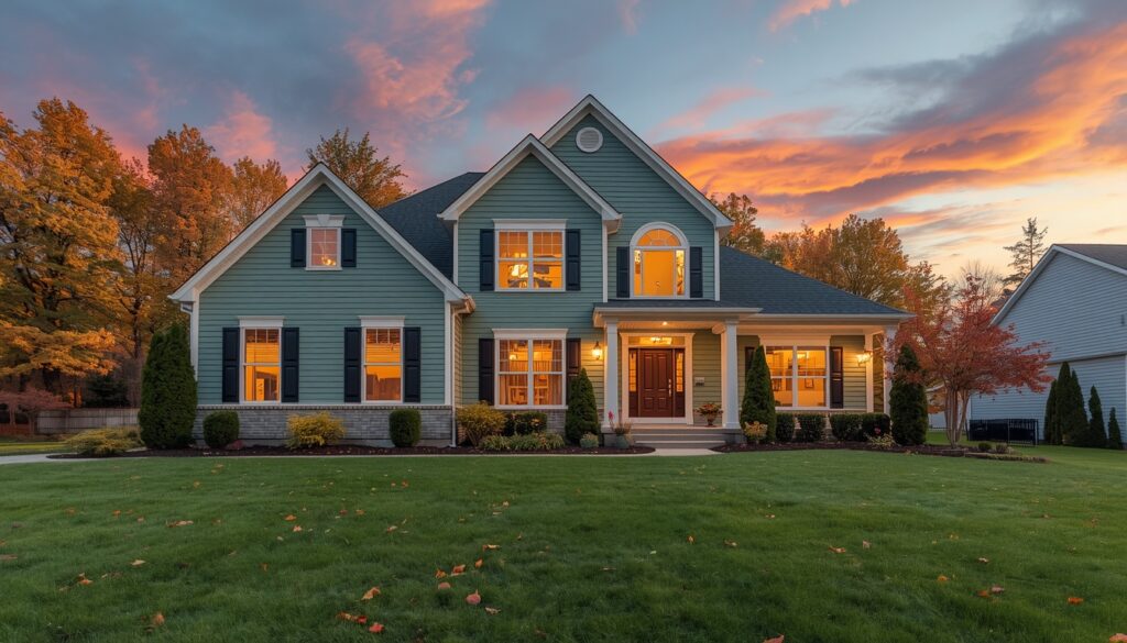 Modern two-story Binghamton, NY home with new deep sage green fiber cement siding and sharp white trim at sunset.